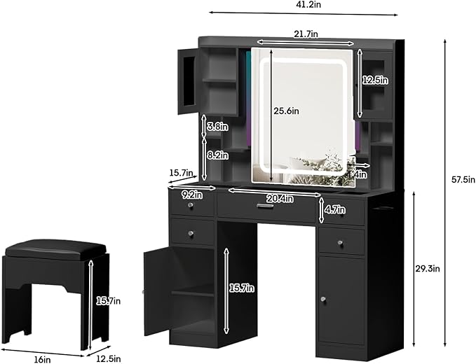 Black Vanity Desk with LED Mirror,Makeup Vanity with Charging Station & RGB Lights,5 Drawers 4 Shelves Makeup Desk Vanity Table Stool Set with Glass Table Top & Time Display Lights