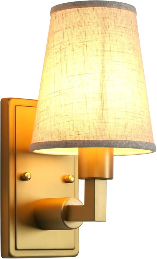 Wall Sconce 1-Light Fixture Antique Finish with Linen Fabric Shade, E26 Hardwired Indoor Wall Light for Vanity Bathroom Living Room Bedside Nightstand Light