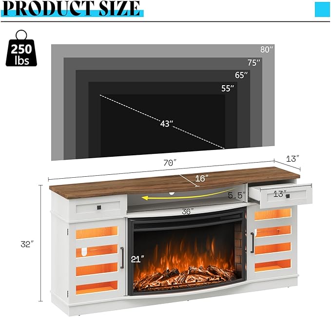 70" Farmhouse Curved Fireplace TV Stand, LED Light Entertainment Center Table with 36'' Upgrade Electric Fireplace TV Console Cabinet for TVs Up to 80", Antique White Barnwood