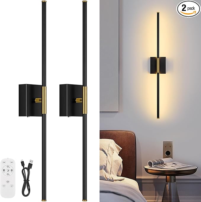 Wall Sconces Set of Two with Remote Control 29.1 in Dimmable Black Gold Battery Operated Wall Lights 350° Ratation 3000K-6000K LED Wireless Rechargeable Sconce for Bathroom Living Room Bedroom