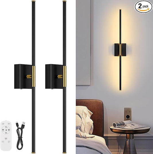 Wall Sconces Set of Two with Remote Control 29.1 in Dimmable Black Gold Battery Operated Wall Lights 350° Ratation 3000K-6000K LED Wireless Rechargeable Sconce for Bathroom Living Room Bedroom
