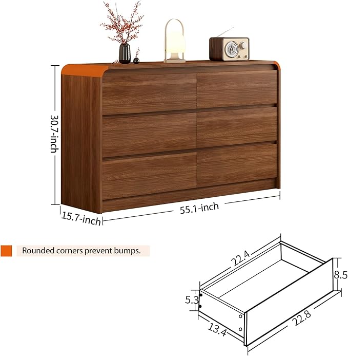 Modern 6 Drawer Dresser, 55-Inch Wood Chest of Drawers, Curved Anti-Collision Design, Mid-Century Storage Cabinet, Pre-Embedded Slots, Natural Texture, for Bedroom, TV Stand (W-55IN)