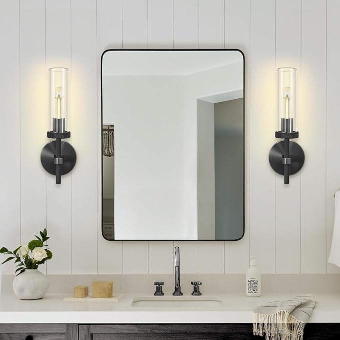 Black Wall Sconces Set of Two, 14" Bathroom Vanity Sconce Light, Glass Tube Wall Sconces, Sconces Wall Lighting Indoors, Wall Lights for Mirror, Living Room, Bedroom, Hallway (including bulb)