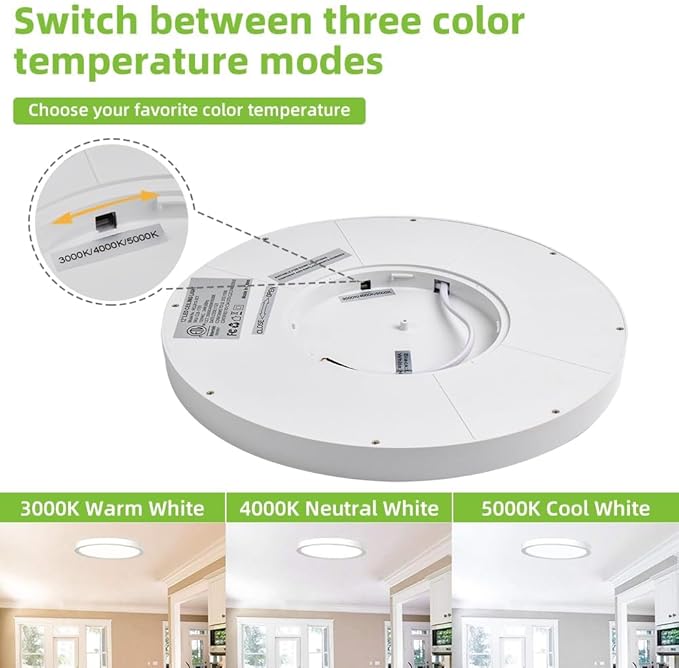 hykolity 12 Inch Selectable CCT LED Round Flat Panel Light, 24W 3000K/4000K/5000K, Edge-Lit Flush Mount Ceiling Light Fixture for Kitchen, Bedroom, Laundry and Closet Room, White