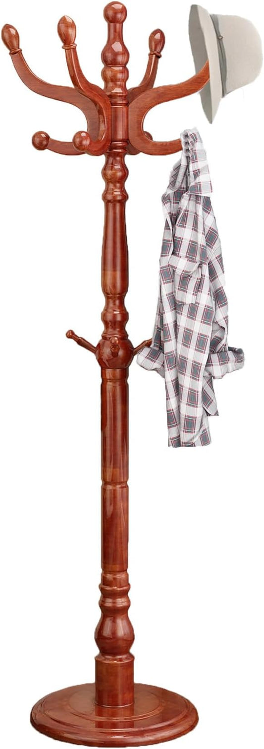 Wooden Coat Rack, Heavy Duty Coat Rack Freestanding with 11 Smooth Hooks, Coat Tree, Vintage Clothes Hanger Stand with Stable Disc Base for Bedroom, Entryway, Office-Load 180lbs (Light Brown)