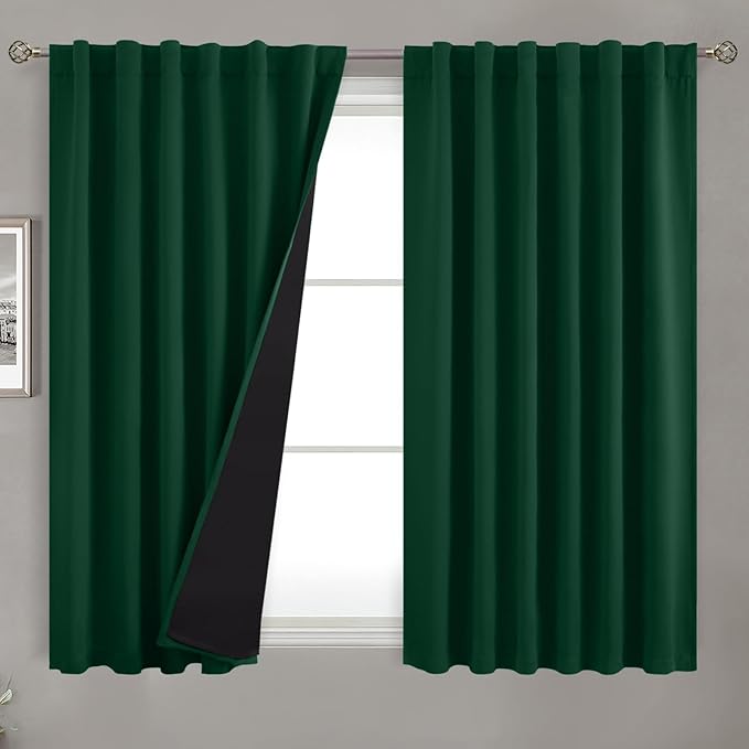 BGment Thermal Insulated Curtains 54 Inches Long with Liner, 100% Blackout Double Layer Noise Reduce Room Darkening Rod Pocket and Back Tab Curtains for Bedroom (52 x 54 Inch, 2 Panels, Emerald)