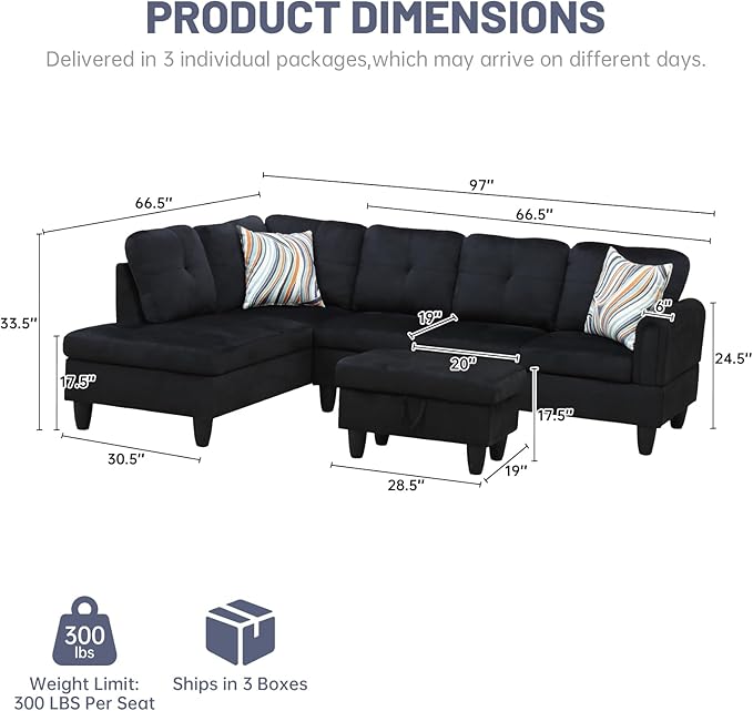 L-Shape 3-Piece Cloud Sofa, Couch for Living Room, BlackFlannel Fabric L-Shape with Reversible Chaise & Storage Ottoman, Ergonomic 110–115° Recline, Solid-Wood Frame