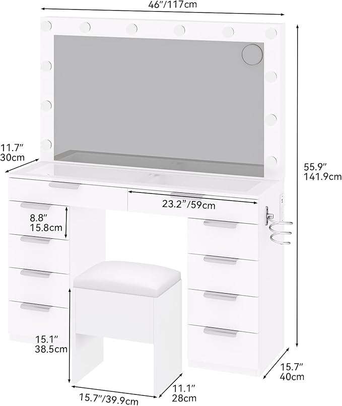 YITAHOME 46" Glass Top Vanity Desk with Mirror with Lights, Large Makeup Vanity Set with 10 Drawers & Storage Stool, Power Outlet, Dressing Table with 3 Adjustable Light Modes, Dressing Room, White