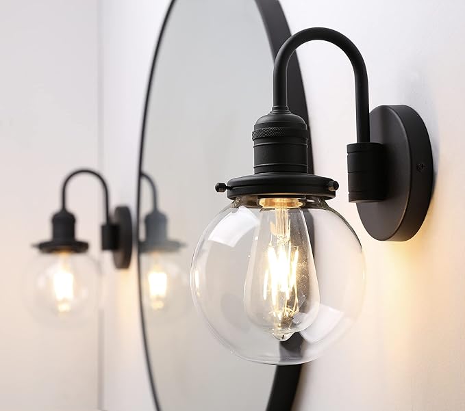 Industrial Vintage Gooseneck Wall Sconce 1-Light with 5.9” Round Clear Glass Globe Shade Indoor Wall Mounted Lamp Fixture