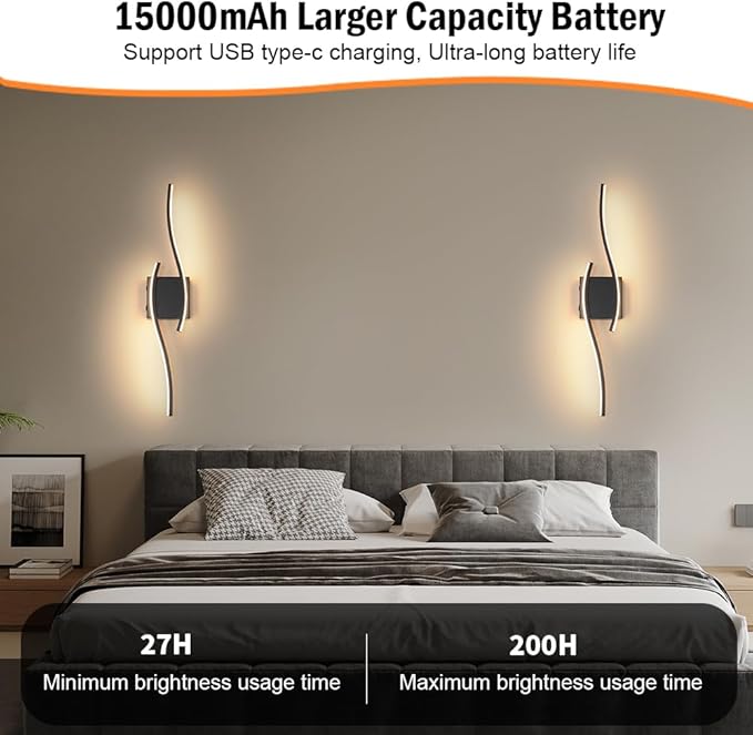 Modern Battery Operated Wall Sconce Set of 2, Black Dimmable LED Wall Light with Remote Control, 3CCT Adjustable, Timer& Memory Function, Wireless Wall Light for TV Wall Living Room Bedroom