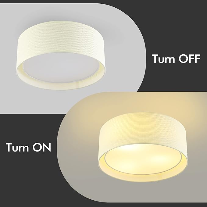 WINGBO 15.7" Modern 3-Light Flush Mount Ceiling Light Fixture with Fabric & Acrylic Double Drum Shade for Bedroom Living Room Dining Room Hallway Entryway, Beige