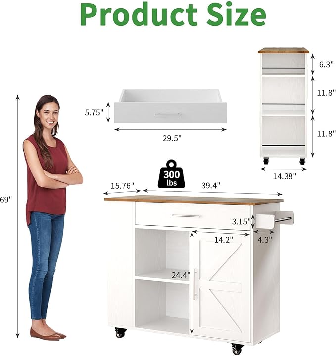 4 EVER WINNER Kitchen Island on Wheels, Kitchen Island Cart with Spice Rack & Towel Rack, Storage Cabinet & Drawer, Farmhouse Coffee Bar with Open Shelves for Dining Room,White