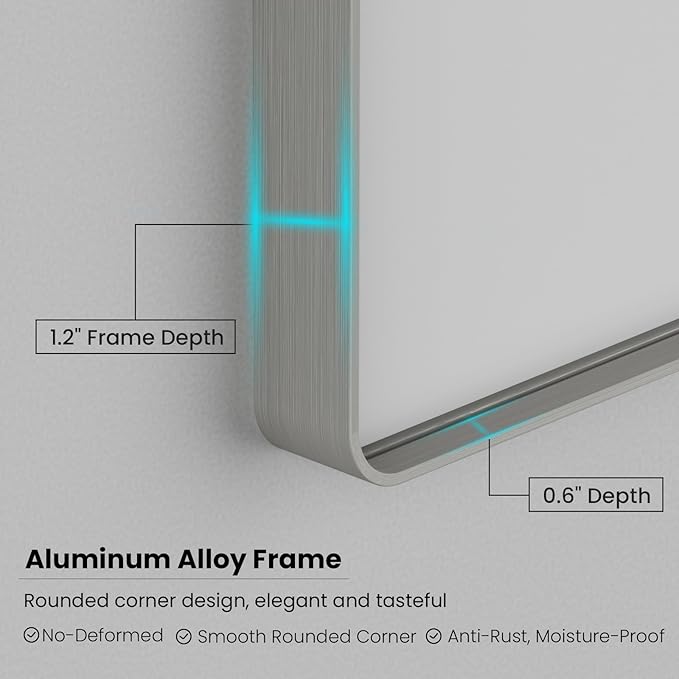 Brushed Nickel Bathroom Mirror 38x38 Inch, Brushed Silver Metal Frame Mirror Wall Mounted, Rounded Bathroom Vanity Mirror, Tempered Glass, Anti-Rust, Horizontal/Vertical