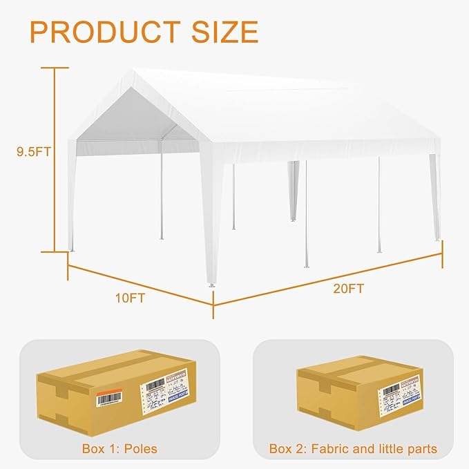 10x20ft Metal Carport Garage with PE Fabric and Galvanized Steel Frame Leg Wrap Carport for Outdoor Shelter for Cars, Trucks, and Boats - White