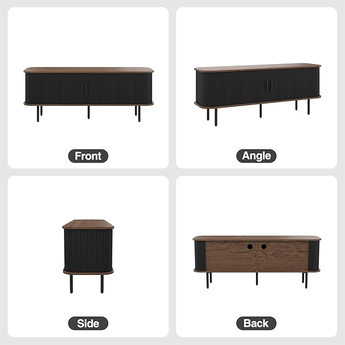 55" Modern Fluted TV Stand for TVs up to 65 Inch, Gaming Entertainment Center with Tambour Slatted Sliding Doors and Storage Cabinet, Media TV Consoles Table for Living Room, Office, Black