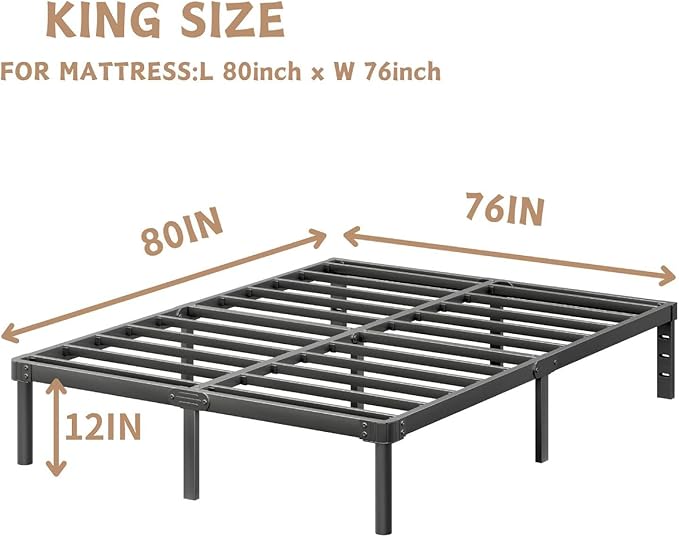 ZIYOO 12 Inch King Size Metal Platform Bed Frame with Heavy-Duty Steel Slat Support, No Box Spring Needed, Under Bed Storage Space, Easy Assembly, Noise-Free, Sturdy & Durable, Black