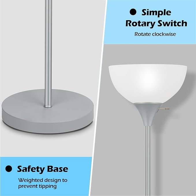 Floor Lamp, LED Standing Lamps with White Plastic Shade, Corner Floor Lights for Living Room Bedroom, Rotary Switch, Bulb not Included, Grey
