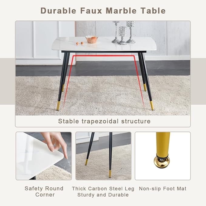 50" White Marble Dining Table Set for 4 - Sintered Stone Tabletop & 4 Upholstered PU Leather Chairs - Modern Dining Room Set for Small Spaces (1 White Table + 4 Black Chairs)