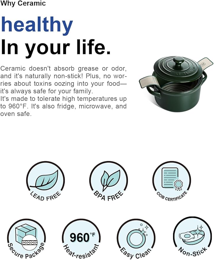 LE TAUCI 3 qt Ceramic Dutch Oven for Bread Baking with Silicone Sling- Lightweight, Non-Toxic, No Seasoning Needed- Oven, Microwave & Dishwasher Safe, Ideal for Home Bakers & Beginners, Forest Green