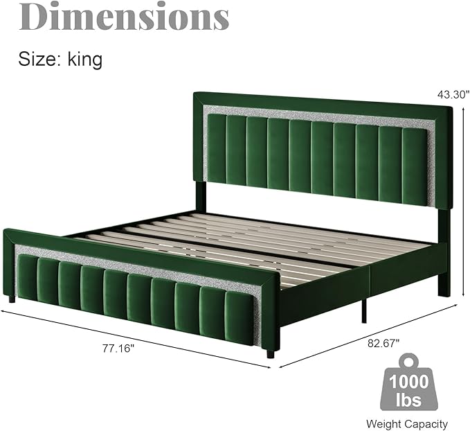 HOMBCK King Size Bed Frame with Diamond Headboard and Footboard, Velvet Upholstered Platform Bed with Wooden Slats, No Box Spring Needed, Easy Assembly, Green