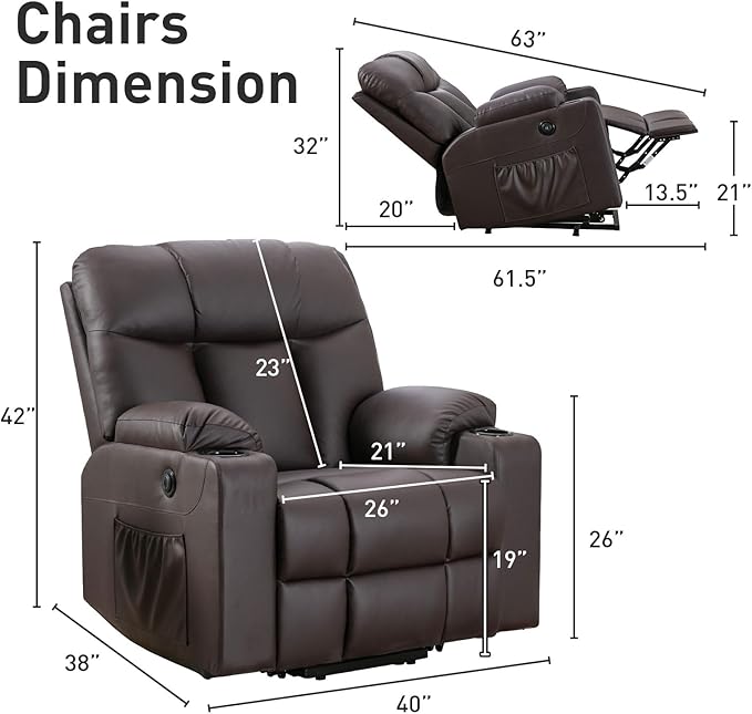 Bonzy Home Oversized Power Lift Recliner Chair for Elderly, Faux Leather Lift Chair with Heated and Massage, Extra Wide Single Sofa with 2 Cup Holders, Side Pockets, USB Port, Brown