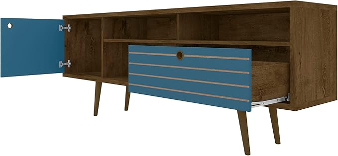 Manhattan Comfort Liberty Mid Century Modern TV Stand for Televisions up to 65 Inches, Bedroom and Living Room Entertainment Center with Storage, Shelves, and Cabinet, 71" Wide, Rustic Brown/Aqua
