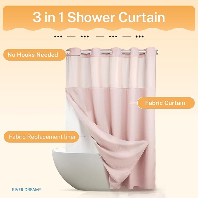No Hooks Required Dotted Pink Shower Curtain with Snap in Liner - 71" W x 74" H,Hotel Grade,Spa Like Bath Curtain