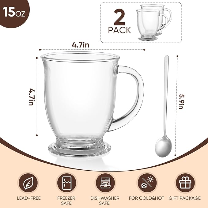 Glass Coffee Mugs Set of 2,15 OZ Lead-free Clear Coffee Cups For Cappuccino,Latte,Tea,Glass Coffee Cups with handles