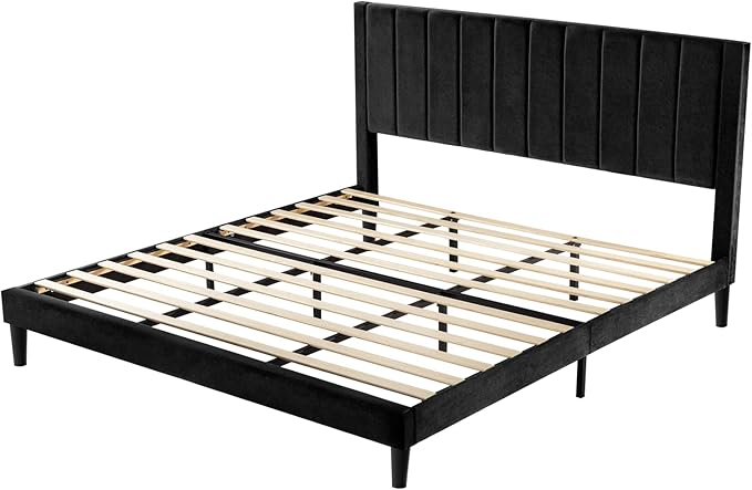 Allewie King Bed Frame/Velvet Upholstered Bed Frame with Vertical Channel Tufted Headboard/Strong Wooden Slats/Platform Bed Frame/Mattress Foundation/Box Spring Optional/Easy Assembly/Black