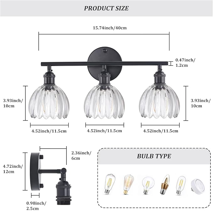 Bathroom Light Fixtures, 3-Light Black Vanity Wall Light Over Mirror with Clear Tulip Glass Shade for Bedroom Living Room