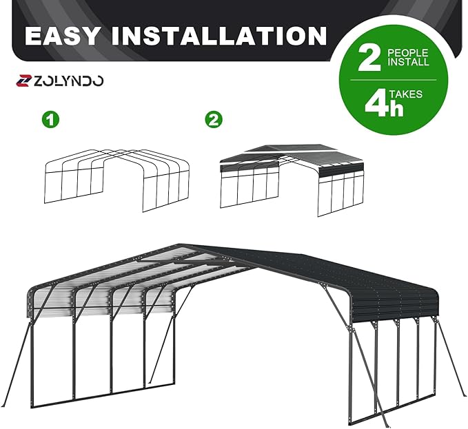 20x20FT 2 Car Metal Carport Kits, Heavy Duty Two Car Ports on Clearance with Galvanized Metal Roof, Outdoor Garage Double Car Shelter Shade for Car, Boats and Truck (Dark Gray)