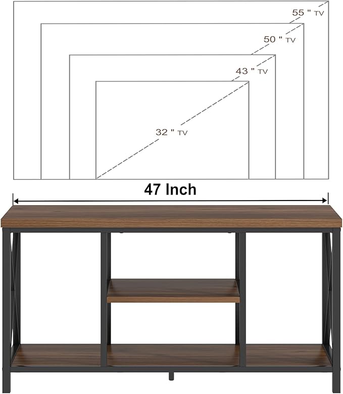 FOLUBAN Modern Entertainment Center for TVs up to 55 Inch, Rustic Wood Television Stands, Industrial TV Console and TV Cabinet for Living Room Bedroom, 47 Inch Rustic Walnut