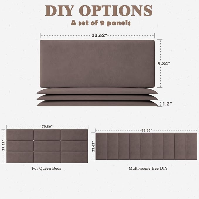 Upholstered Headboard for Queen Size Bed, Wall Mounted & Peel and Stick Headboard, Soundproof DIY Wall Panels, Leather Head Board in Modern Design for Bedroom (9 Panels, Each 23.62"x9.84"