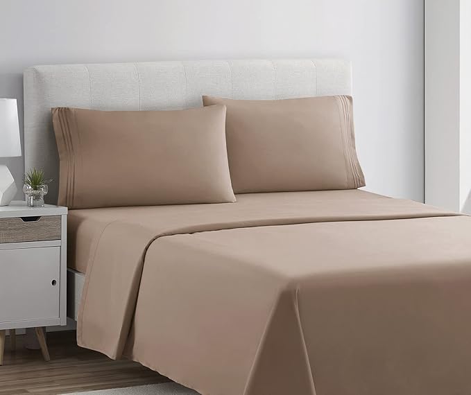 Clara Clark Bed Sheets, Premier 1800 Series 4 Piece Bed Sheet Set, Deep Pocket, Wrinkle, Fade, Stain Resistant, Luxury Soft Bedding Sheets & Pillowcases, Queen, Taupe Sand