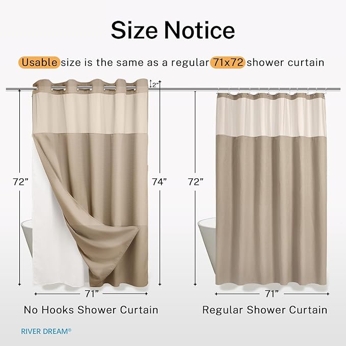 River Dream Heavyweight No Hooks Required Dotted Waffle Weave Shower Curtain with Snap in Liner - 71W x 74H,Hotel Grade,Spa Like Bath Curtain,Linen