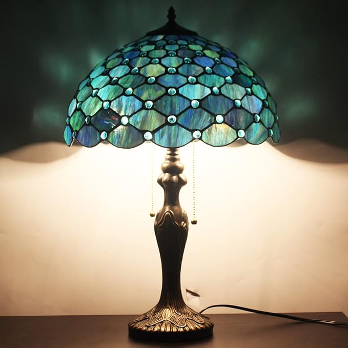 Tiffany Table Lamp Stained Glass Lamp 16X16X24 Inch Antique Standing Reading Light Living Room Office Bedroom (Sea Blue Pearl)