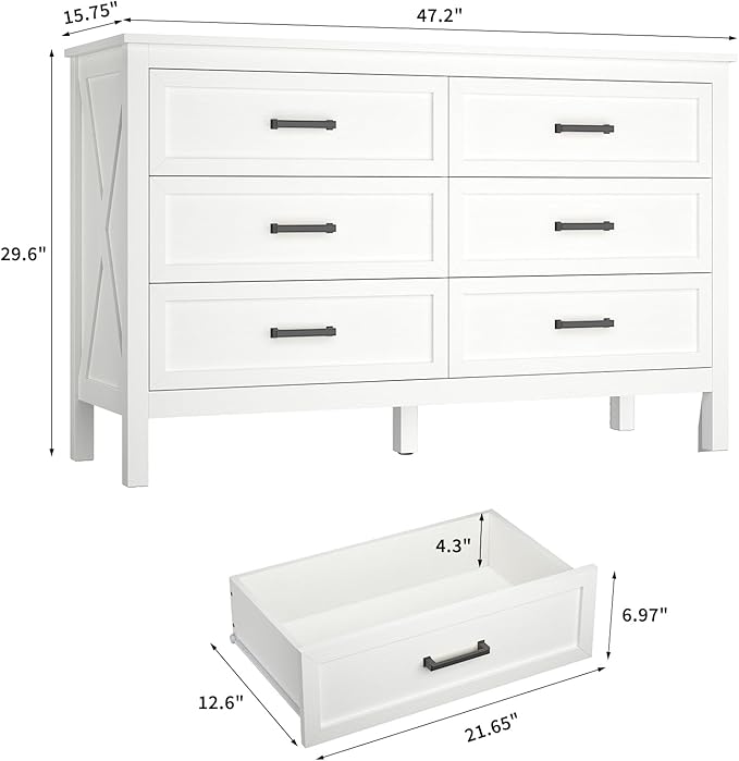 Farmhouse 6 Drawers Dresser for Bedroom, Wood Rustic Wide Chest with Natural Texture, Storage Dressers Organizer for Bedroom, Hallway, Entryway, White