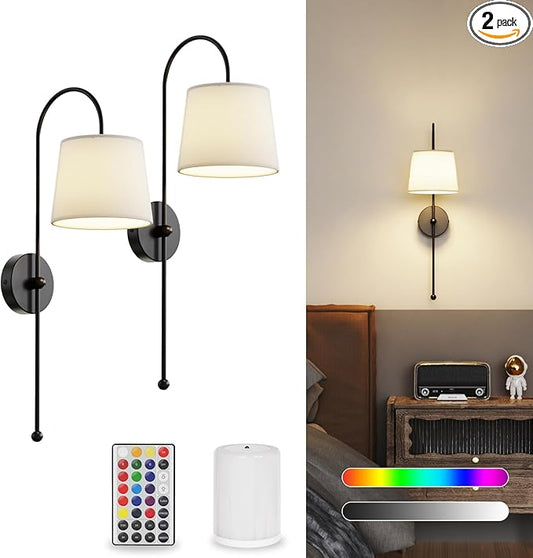 Wall Decor Sconces Set of Two Battery Operated, Rechargeable Wireless Wall Lights for Living Room Bedroom, 2 Battery Powered Wall Lamp with Magnetic Dimmable RGB Bulbs & Remote - Black
