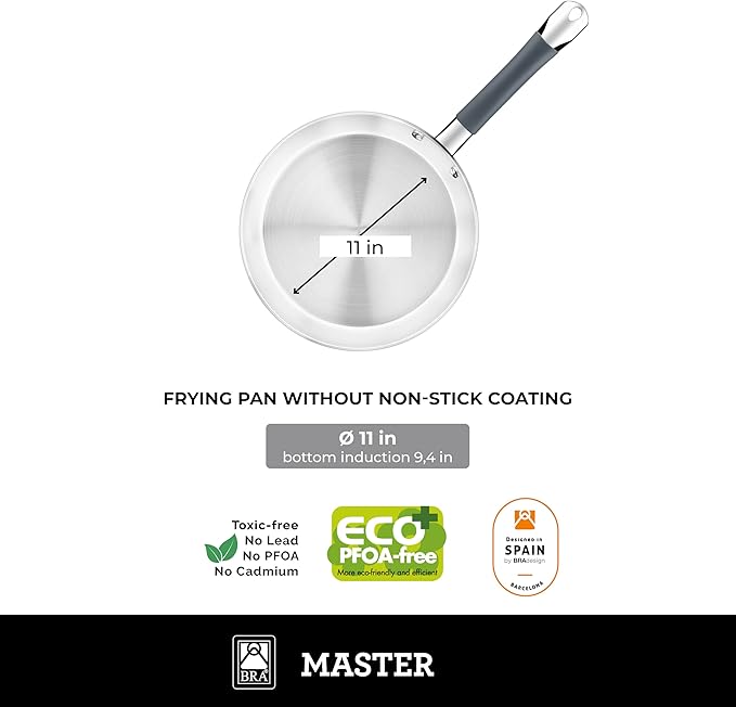 BRA COOKWARE Master 9 Piece Cookware Set | Stainless Steel Professional Kitchenware Set | 2 Pots, 1 Sauté Pan, 3 Frying Pans, 3 Lids | All Stovetop Compatible | PFAS Free | w/o Non-Stick