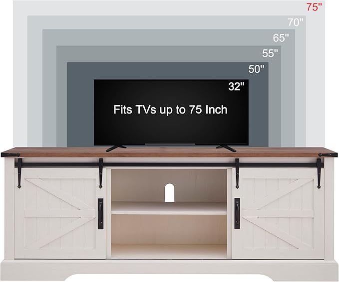 OKD Farmhouse TV Stand for 75 Inch TV with Sliding Barn Door, Rustic Wood Entertainment Center Large Media Console Cabinet Long Television Stands for 70 Inch TVs, Antique White