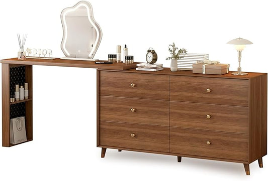 Makeup Vanity Set with Cloud-Pattern HD Lighted Mirror and Stool, 50-94in Extendable Mid-Century Modern Vanity Table, 6-Drawer Solid Wood Frame Storage Cabinet, Bedroom Dressing Table, Brown