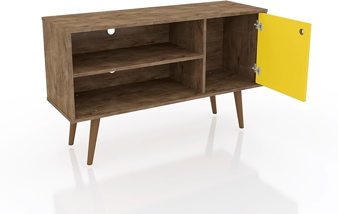 Manhattan Comfort Liberty Mid Century Modern TV Stand for Televisions up to 46 Inches, Bedroom and Living Room Entertainment Center with Storage, Shelves, and Cabinet, 43" Wide, Rustic Brown/Yellow
