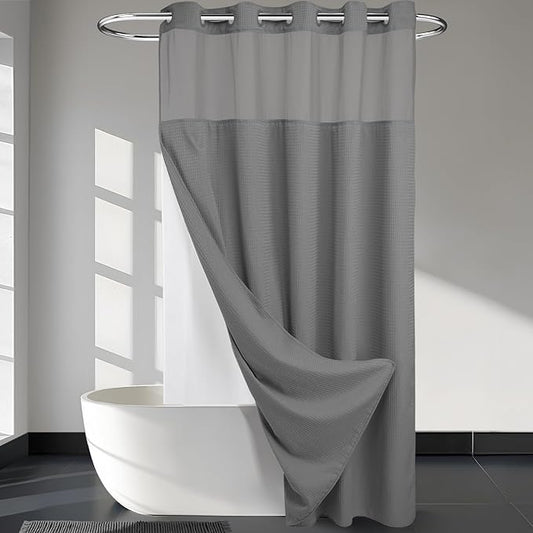 River Dream Heavyweight No Hooks Required Dotted Waffle Weave Shower Curtain with Snap in Liner -Extra Long 71W x 86H,Hotel Grade,Spa Like Bath Curtain,Gray