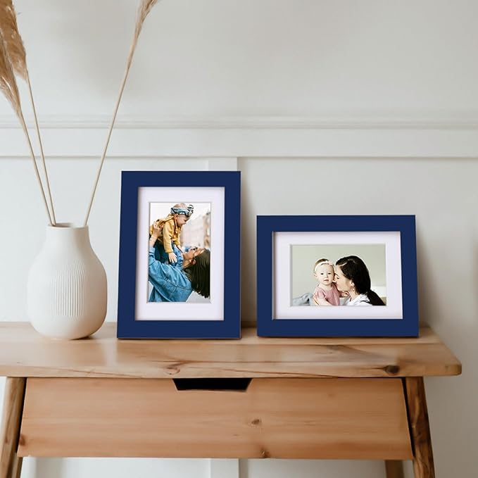 Egofine 4x6 Picture Frame Made of Solid Wood, Covered by Plexiglass Display Pictures 3.5x5 with Mat or 4x6 Without Mat for Table Top Display and Wall Mounting Photo Frame, Navy Blue
