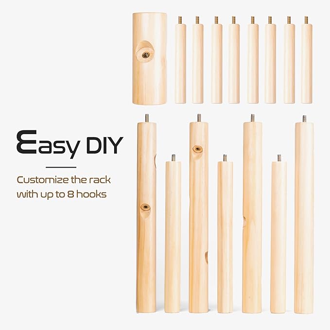 Solid Wooden Coat Rack Freestanding, New Zealand Pine Coat Tree with 8 Hooks & 3 Adjustable Sizes for Coats, Hats, Handbags and Scarves, Space Saving for Entryway/Office/Bedroom (Nature)