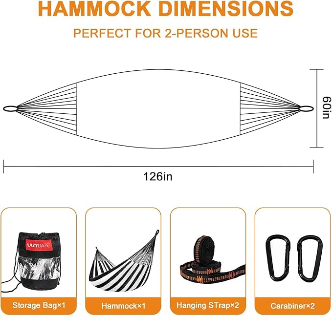 Lazy Daze Hammocks Handwoven Mayan Hammock, 10.5 FT Soft Rope Double Hammocks, Portable Outdoor Hammock with Carry Bag, 2 Straps & carabiners for Patio Outside, 550 lbs Weight Capacity, Black/White