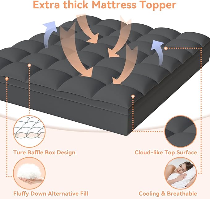 Twin XL Mattress Topper for Back Pain Relief, Extra Thick Pillow Top Plush Mattress Pad with Deep Pocket, Soft Pillowtop TwinXL Size Bed Toppers Filled Fluffy, College Dorm, Gray