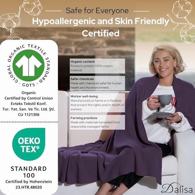 Dalisa 100% Organic Turkish Cotton Throw Blanket - GOTS Certified, Cozy - Perfect for Couch, Bed, and Home Decor - Boho Vintage Knit Alina (Sweet Grape, 50x60)