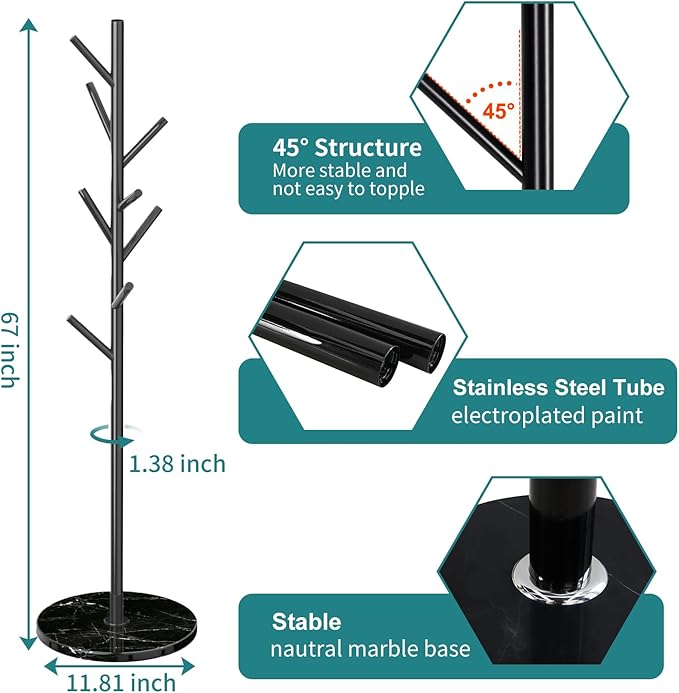 Coat Rack with Natural Marble Base, Metal Freestanding Coat Racks, Heavy Duty Coat Rack Stand with 8 Hooks for Hanging Scarf, Bag, Jacket, Black Coat Hall Tree Hanger Holder Stand
