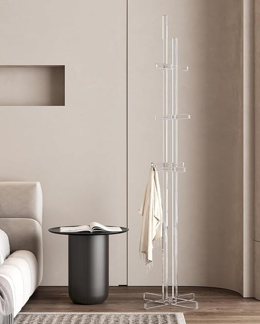 Modern Coat Rack, Freestanding Acrylic Coat Racks with 10 Hooks for Hats, Clothes,Coats, Scarves, Handbags in Bedroom, Hallway, Entrance, Office and Living Room, Easily Assemble, 72.83"H, Clear
